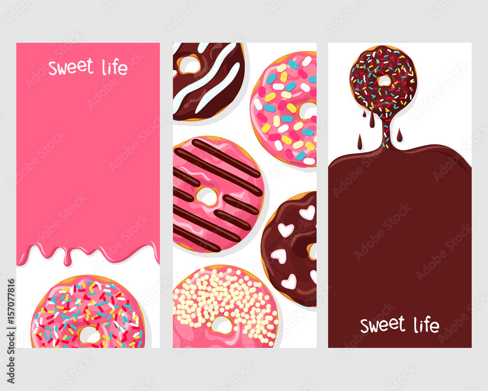 A set of three posters of donuts: chocolate donut dripping with glaze, donuts with different toppings, and icing flowing down on pink donut