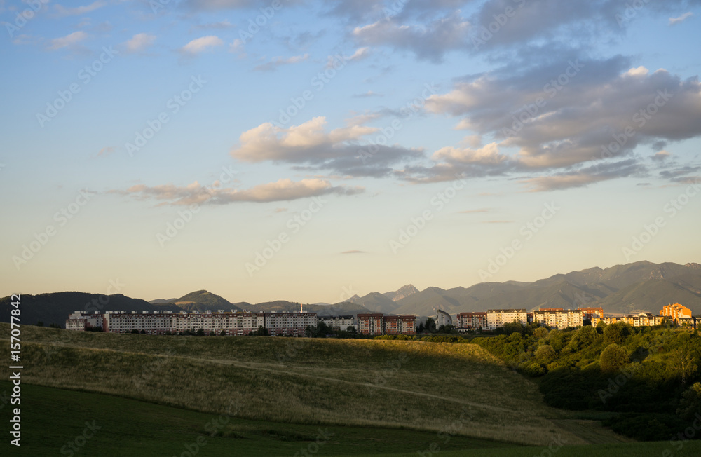 Fototapeta premium Sunset on meadow with hills and tree. Slovakia