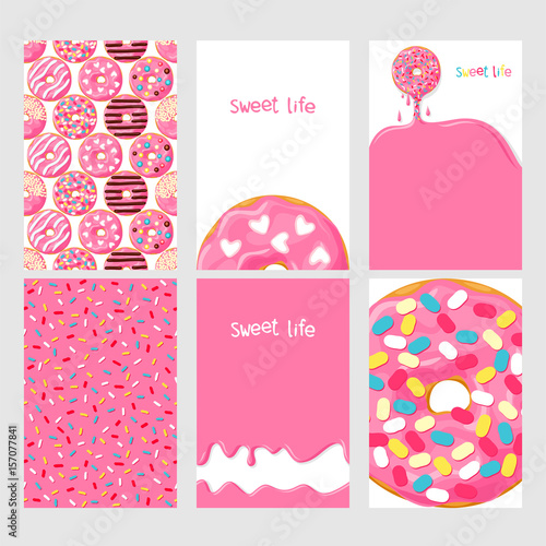 Set of bright food cards. Set of donuts with pink glaze. Donut seamless pattern, background, card, poster.  Donut's glaze pattern, background. Template for design.