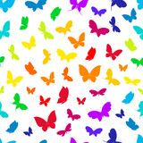 Rainbow colorful silhouettes of butterflies on a white background seamless pattern. 