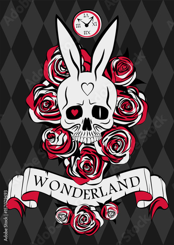 Wonderland poster. Skull white rabbit, red and white roses and ribbon with inscription Wonderland on the chess background. Vector illustration

