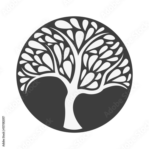 Ornament white tree icon on black background.