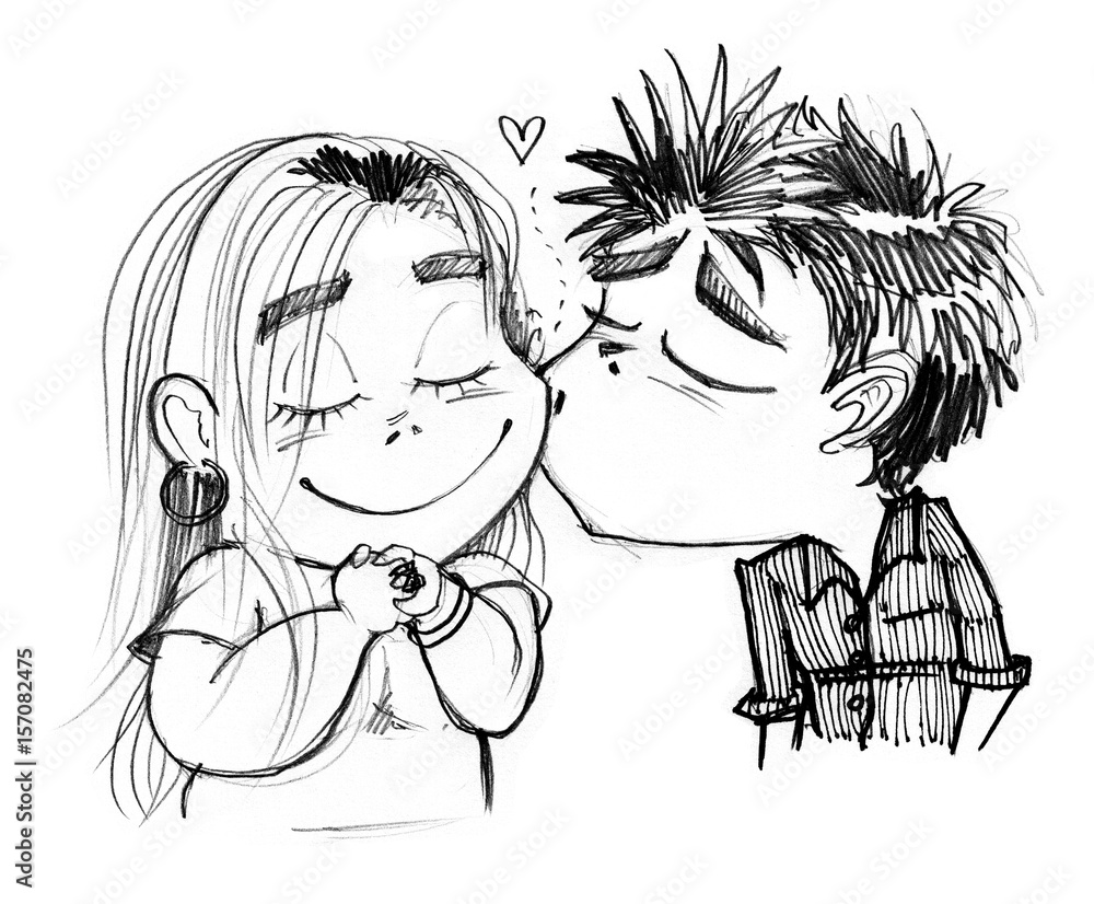 Boy kissing pretty girl cartoon Stock Illustration | Adobe Stock