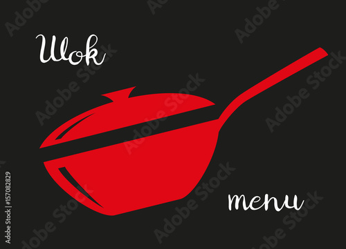 Wok frying pan icon on black background.