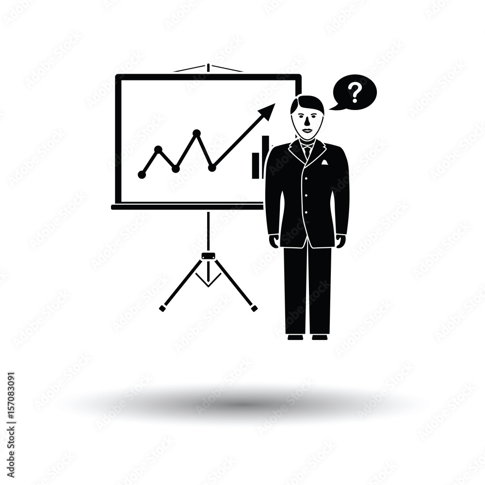Clerk near analytics stand icon Clerk near analytics stand icon