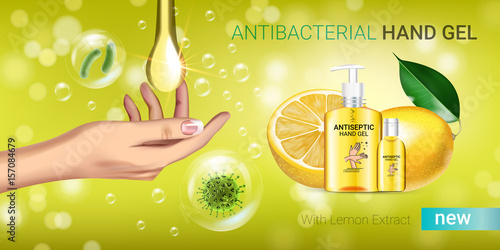 Lemon flavor Antibacterial hand gel ads. Vector Illustration with antiseptic hand gel in bottles and lemon elements.