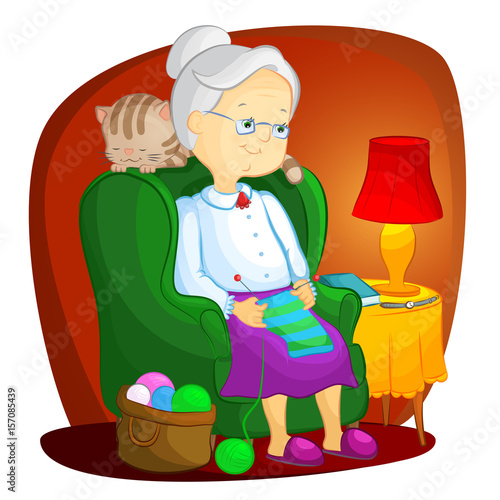 grandmother knitting under the lamp light