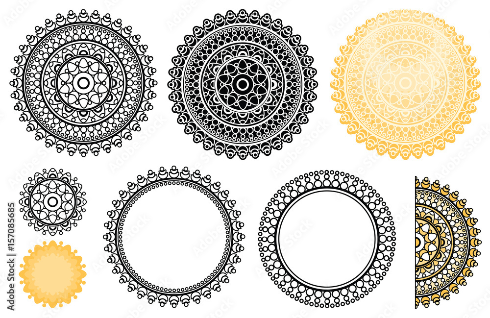 Collection elements from indian mandala. Vector mandala in black and orange colors. Zen mandala for your design Collection elements from indian mandala. Vector mandala in black and orange colors. Zen mandala for your design
