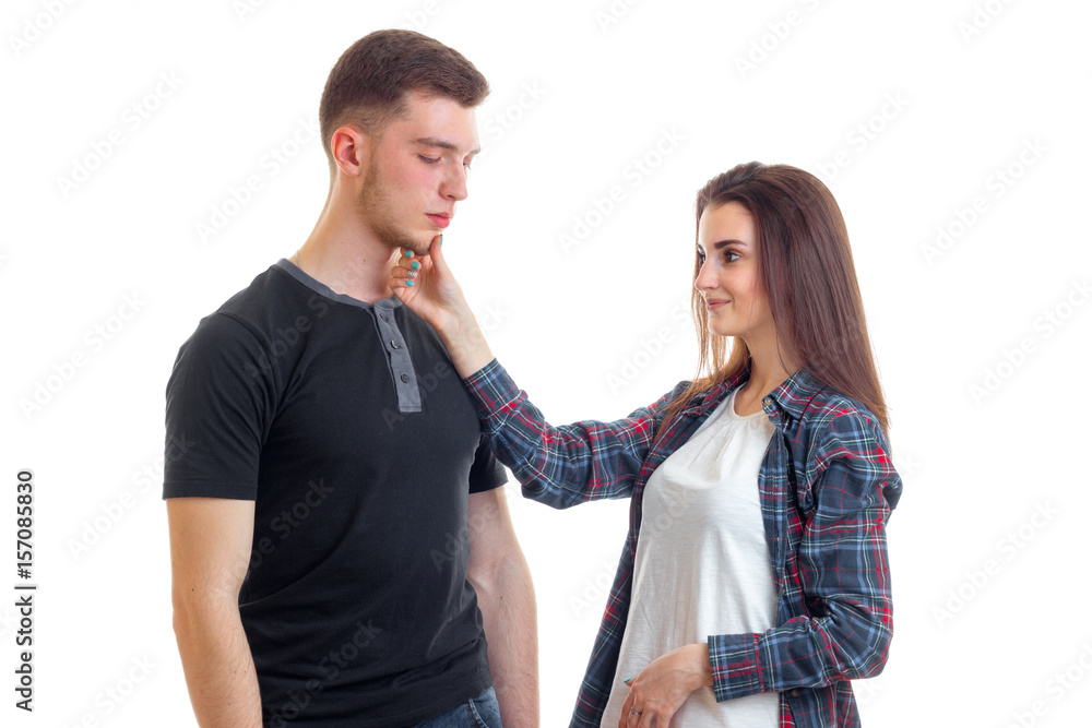 charming pretty girl touches the face beautiful guy charming pretty girl touches the face beautiful guy