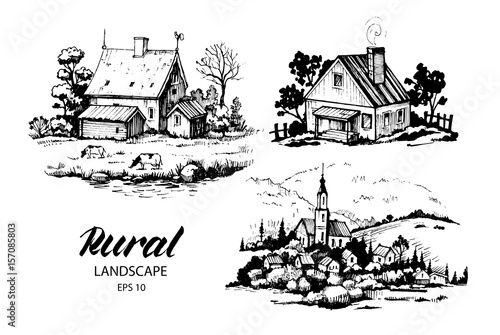 Set of countryside landscape with fields and  houses