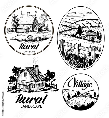Set of countryside landscape with fields and  houses