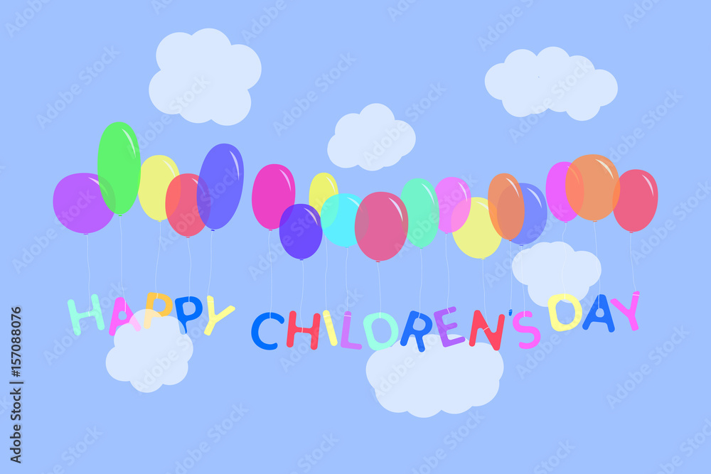 Happy children's day letters illustration. Multicolor characters tied to the colorful balloons flying in the sky with clouds. Vector background Happy children's day letters illustration. Multicolor characters tied to the colorful balloons flying in the sky with clouds. Vector background