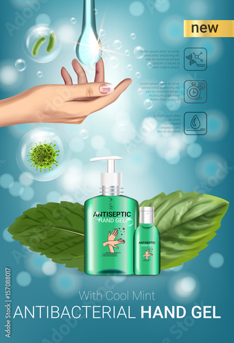 Cool mint flavor Antibacterial hand gel ads. Vector Illustration with antiseptic hand gel in bottles and mint leaves elements.
