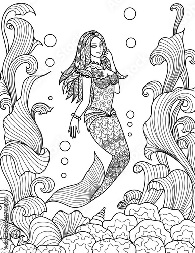 Beautiful mermaid swimming under the sea for adult coloring book page for anti stress. Vector illustration