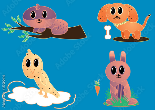 Set of colorful cartoon animals simple vector illustration on blue background