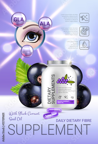 Black currant dietary supplement ads. Vector Illustration with eye supplement contained in bottle and blackcurrant elements