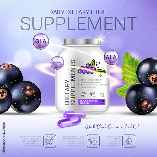 Black currant dietary supplement ads. Vector Illustration with eye supplement contained in bottle and blackcurrant elements