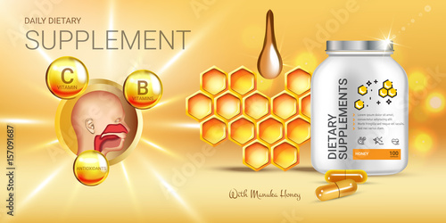 Manuka Honey dietary supplement ads. Vector Illustration with honey supplement contained in bottle and honey elements. photo