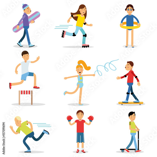 Teenagers children playing sports set. Children physical activity vector illustrations