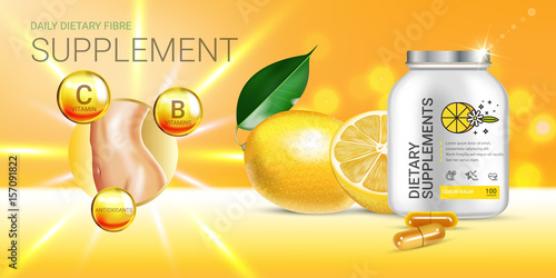 Lemon balm dietary supplement ads. Vector Illustration with Lemon supplement contained in bottle and lemon elements
