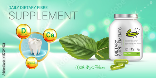 Cool mint dietary supplement ads. Vector Illustration with honey supplement contained in bottle and mint leaves elements.