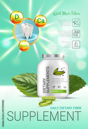 Cool mint dietary supplement ads. Vector Illustration with honey supplement contained in bottle and mint leaves elements.