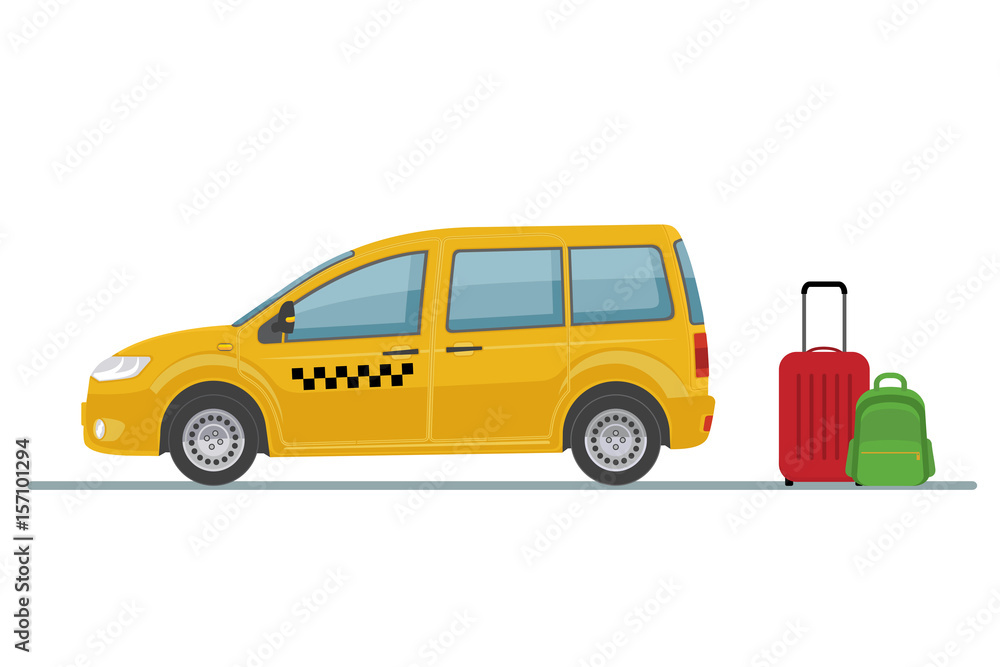 Taxi car and luggage isolated on white background. Flat style, vector illustration.
