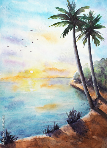 Watercolor tropical landscape with palms, ocean, clouds and birds at the sunset