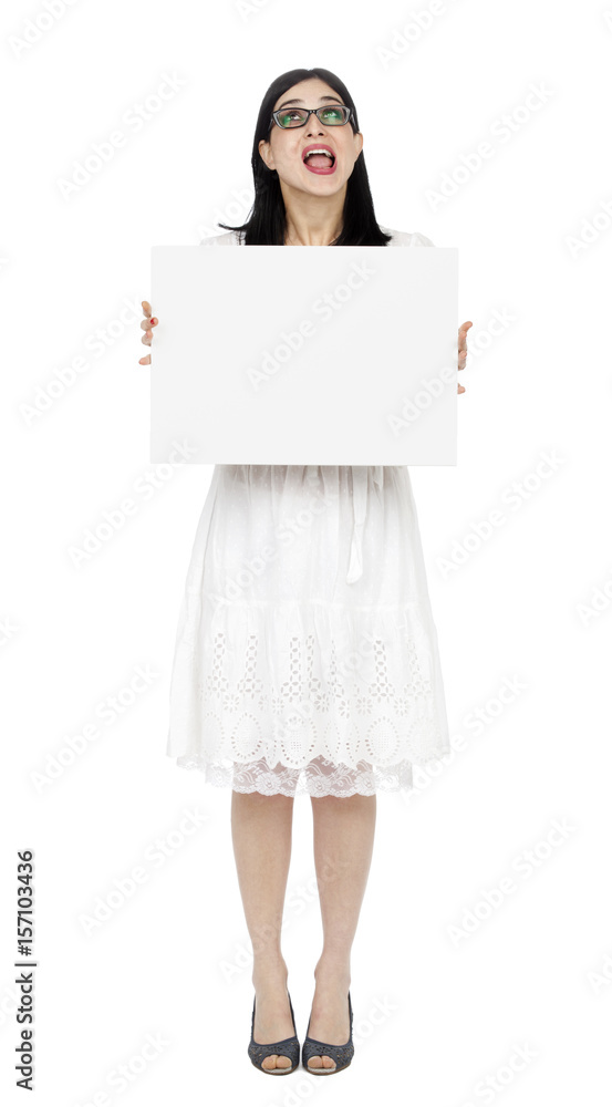 Summer Dress Woman Holding Sign and Cheering Summer Dress Woman Holding Sign and Cheering