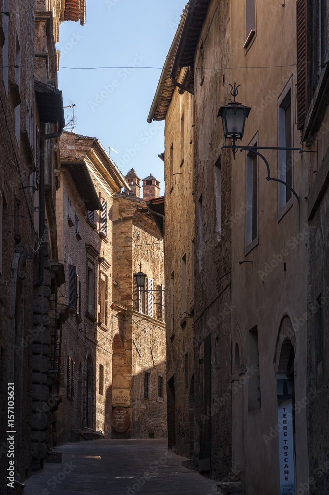MONTEPULCIANO - TUSCANY/ITALY, OCTOBER 29, 2016: Captivating narrow street of old Montepulciano town in Tuscany, Valdichiana - Val D'Orcia