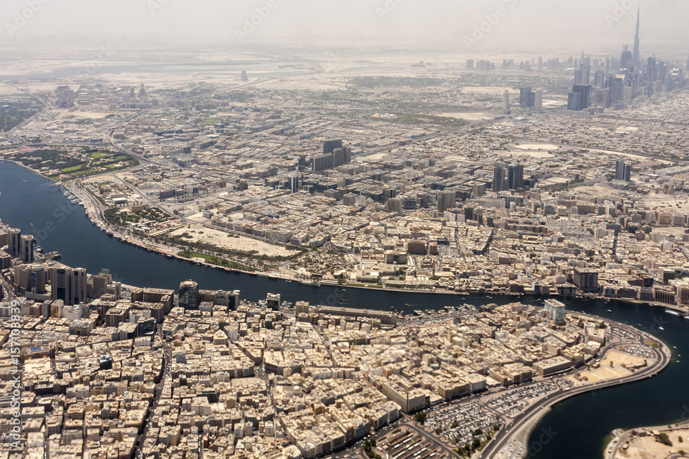Fototapeta premium City of Dubai - Ariel view after sandstorm