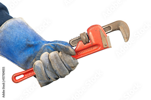 Man holding plumbers wrench photo