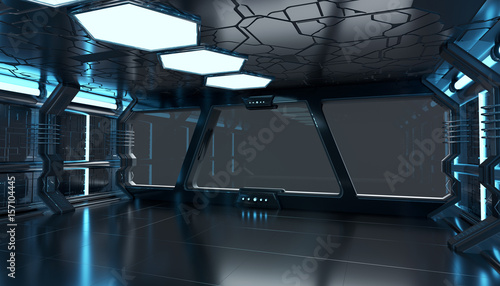 Fototapeta Naklejka Na Ścianę i Meble -  Spaceship blue interior with empty window 3D rendering elements of this image furnished by NASA
