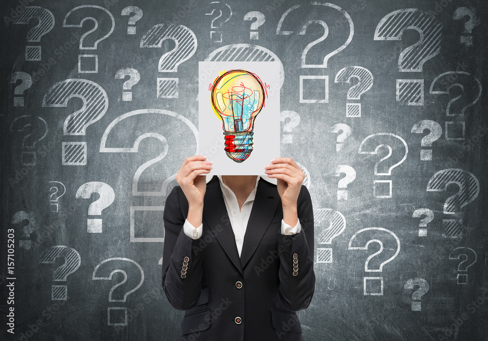 Businessman closing face with light bulb sketch Businessman closing face with light bulb sketch
