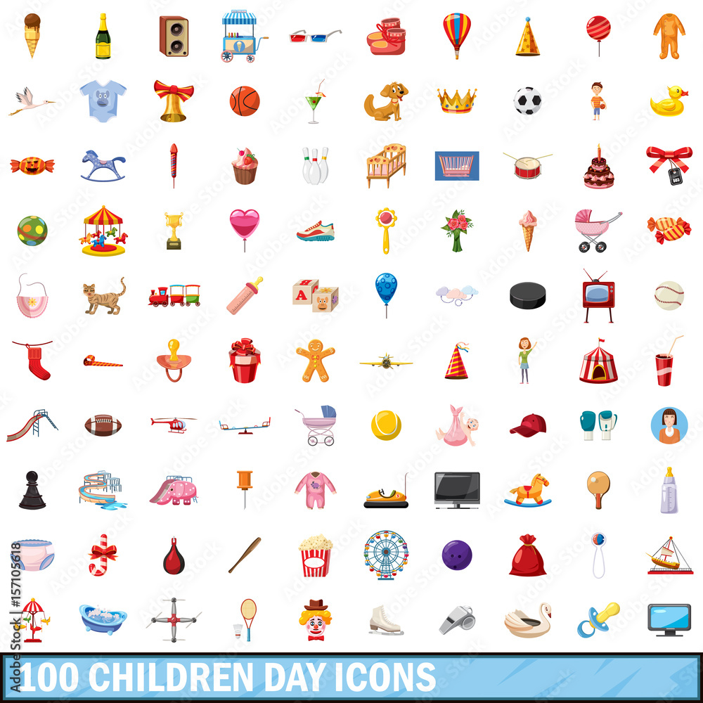 Naklejka premium 100 children day icons set, cartoon style
