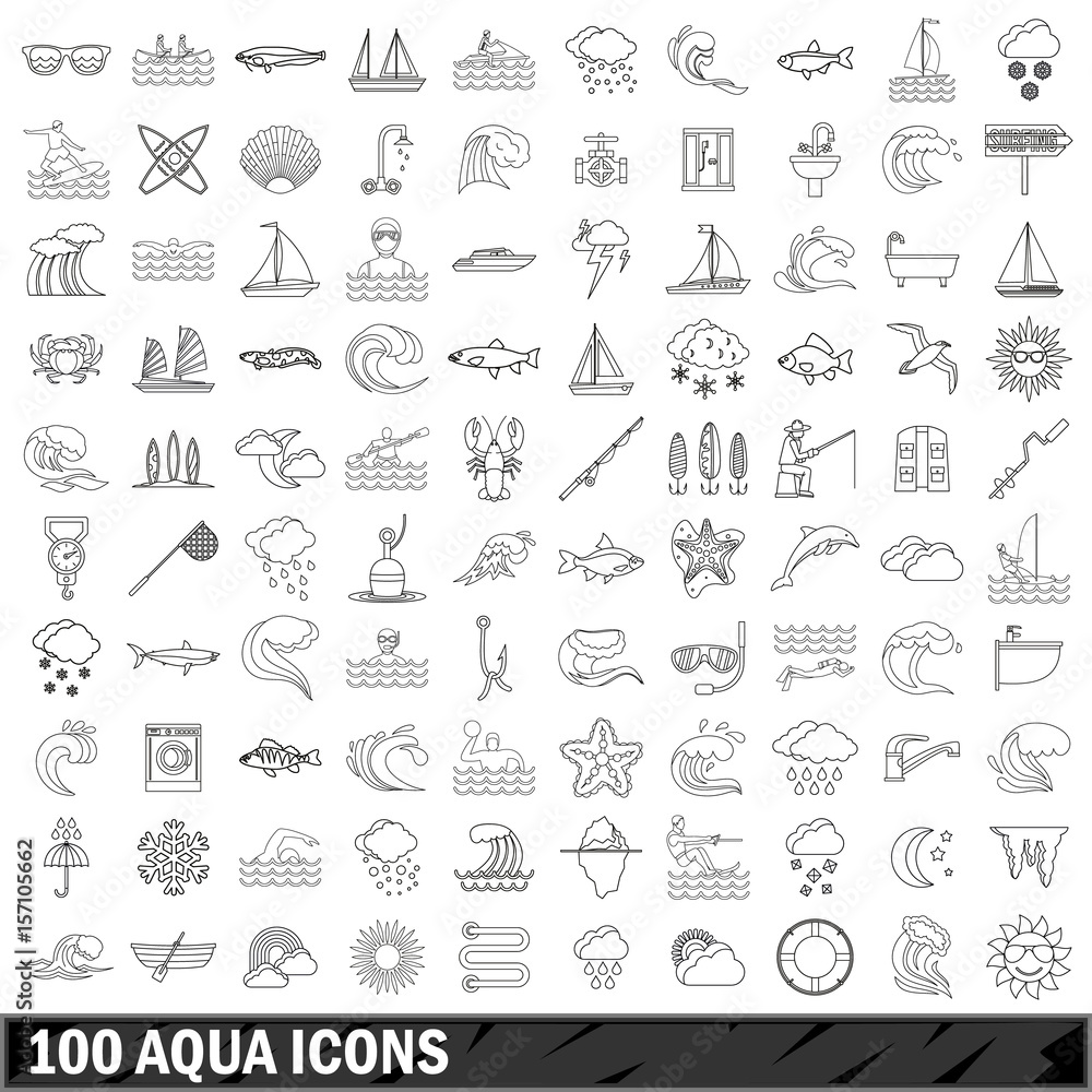 100 aqua icons set, outline style 100 aqua icons set, outline style
