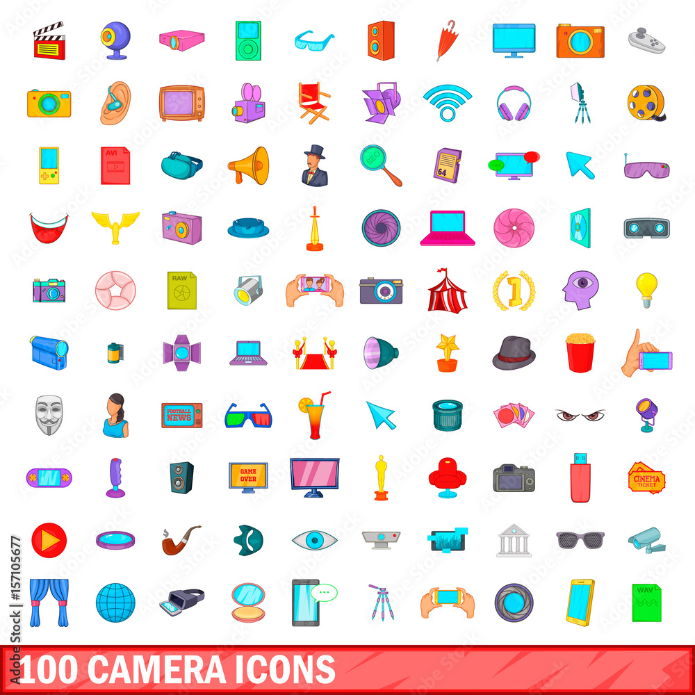 100 camera icons set, cartoon style 100 camera icons set, cartoon style