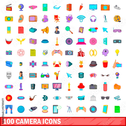 100 camera icons set, cartoon style
