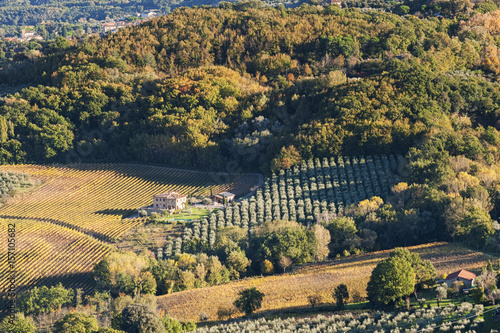 MONTEPULCIANO - TUSCANY ITALY  OCTOBER 29  2016   An idyllic landscape large view over Montepulciano countryside  as seen from the town s top  bathed in the autumn sunset light 