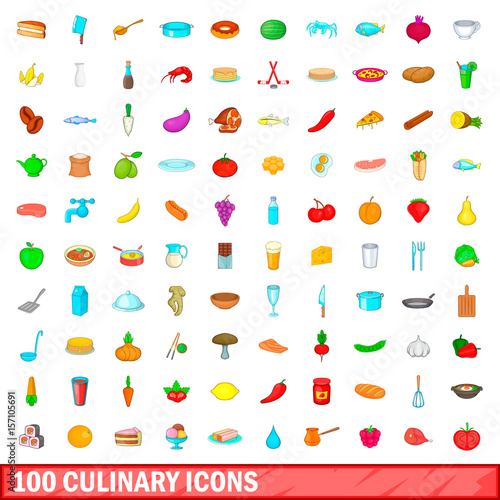 100 culinary icons set, cartoon style