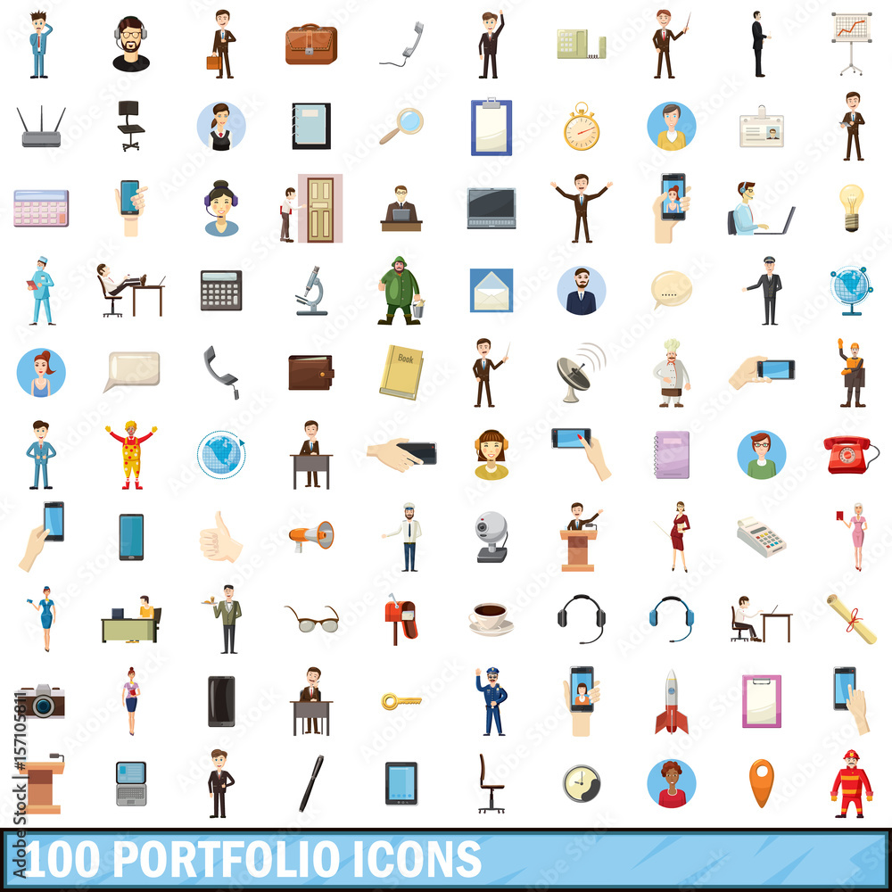 100 portfolio icons set, cartoon style 100 portfolio icons set, cartoon style