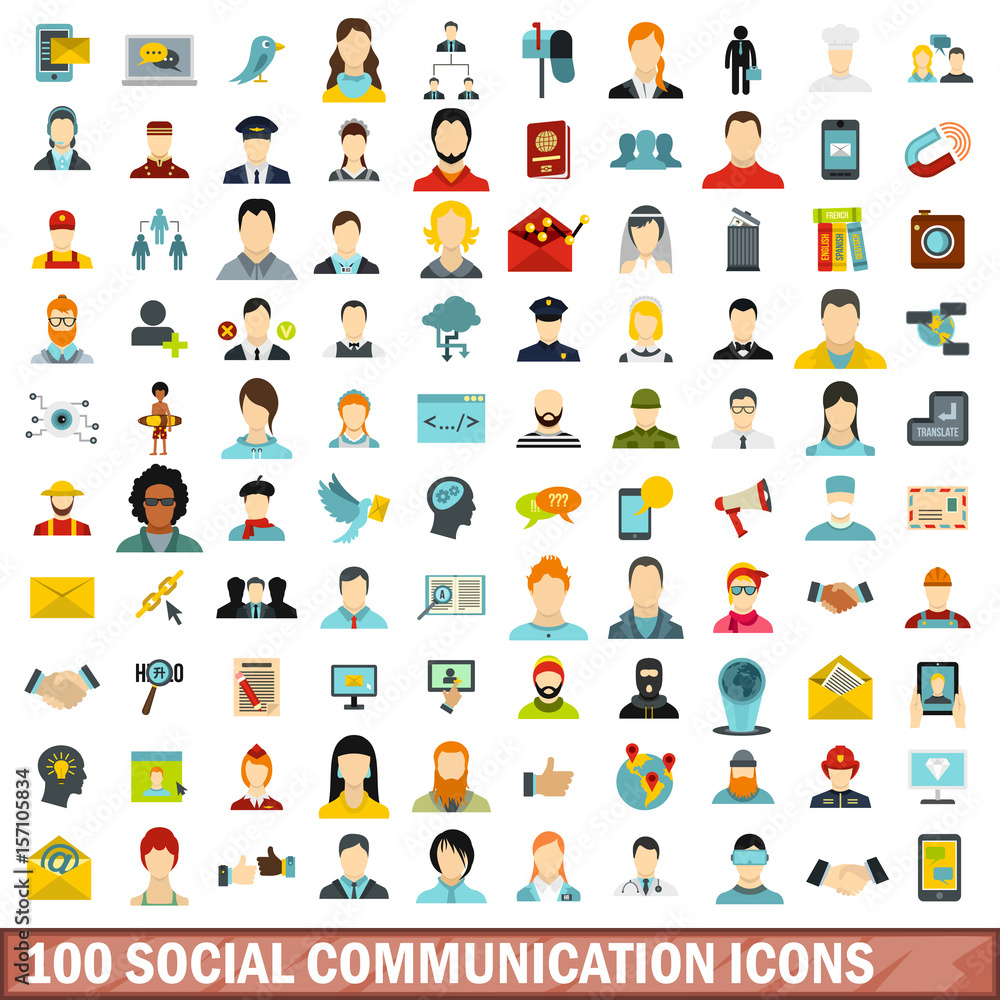 100 social communication icons set, flat style 100 social communication icons set, flat style