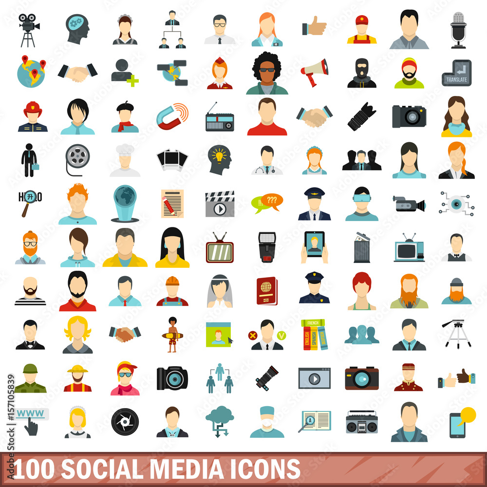 100 social media icons set, flat style 100 social media icons set, flat style