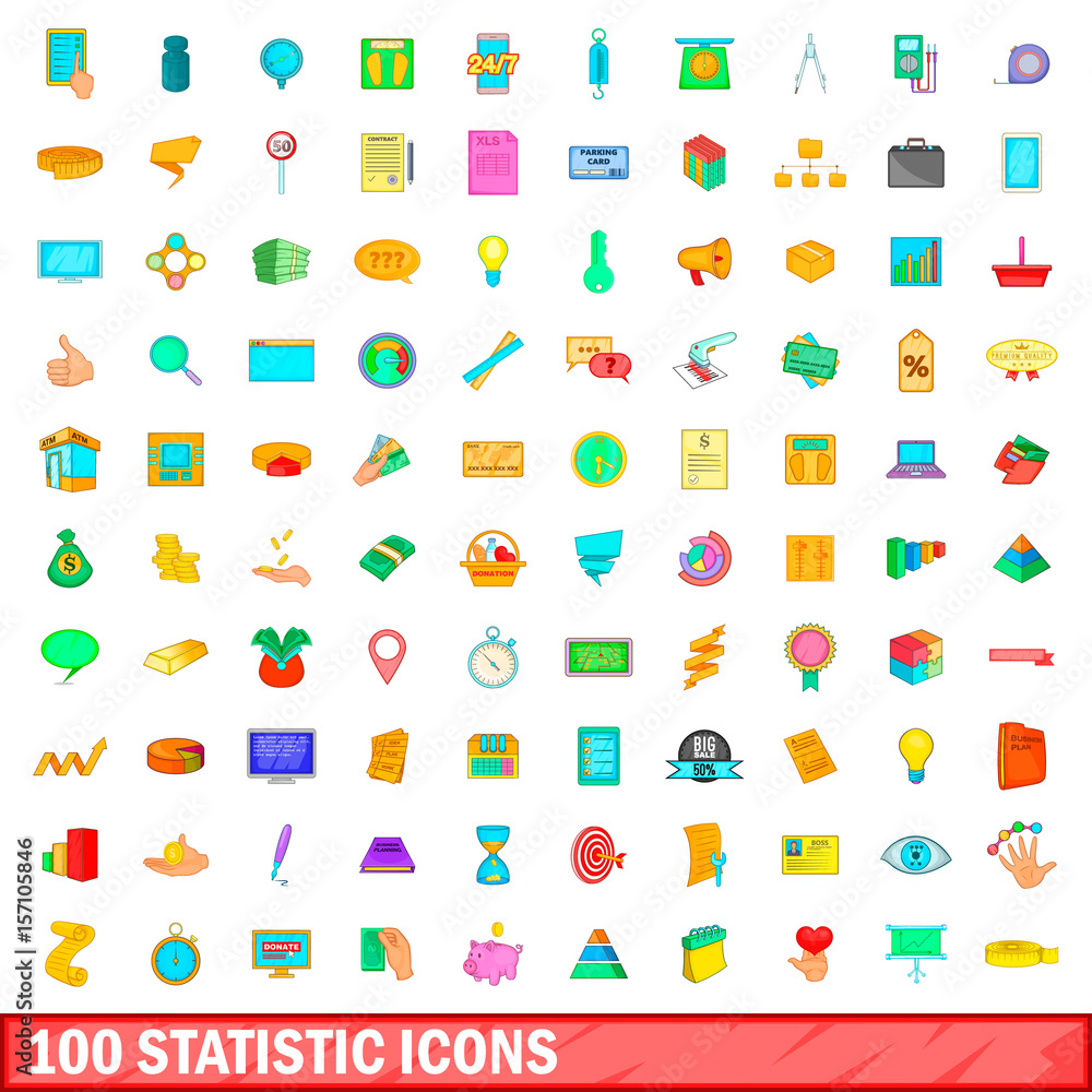 100 statistic icons set, cartoon style 100 statistic icons set, cartoon style