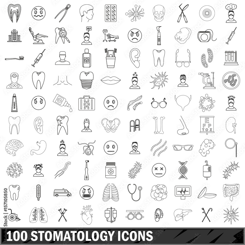 100 stomatology icons set, outline style 100 stomatology icons set, outline style
