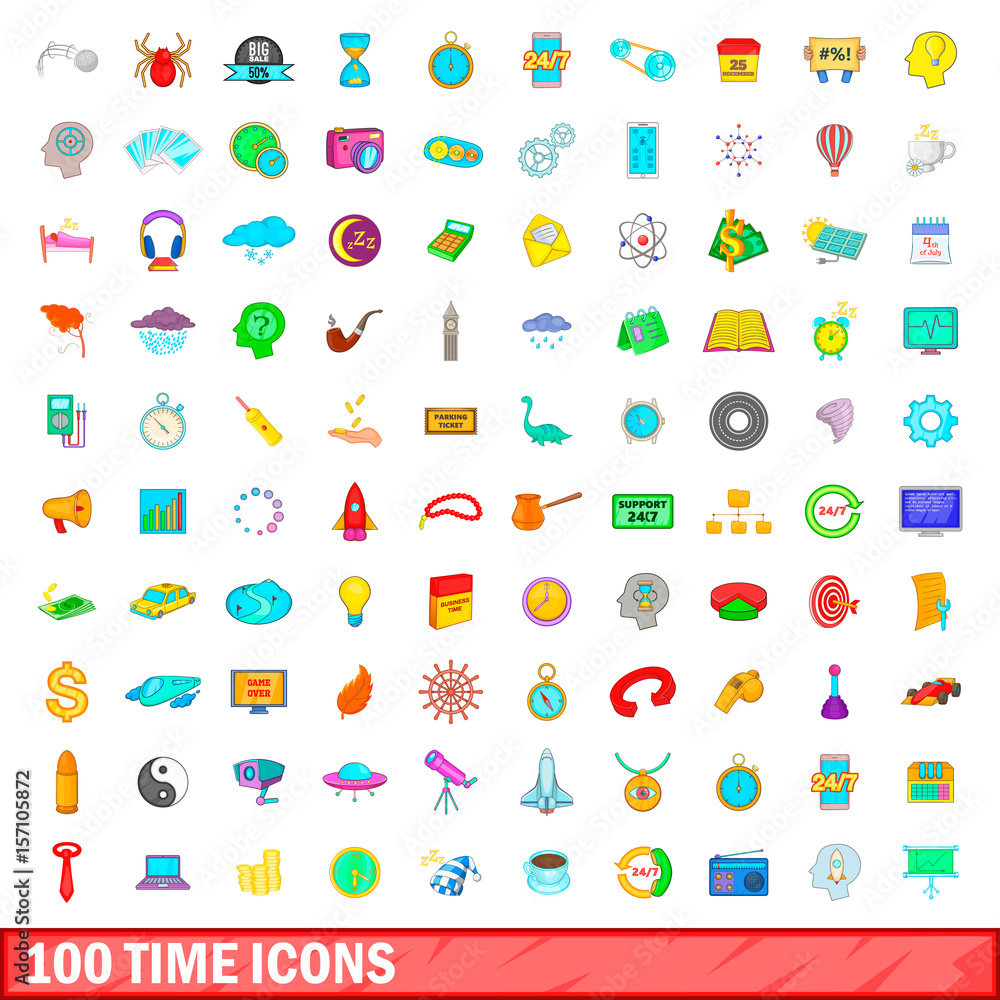 100 time icons set, cartoon style 100 time icons set, cartoon style
