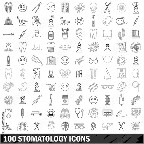 100 stomatology icons set  outline style