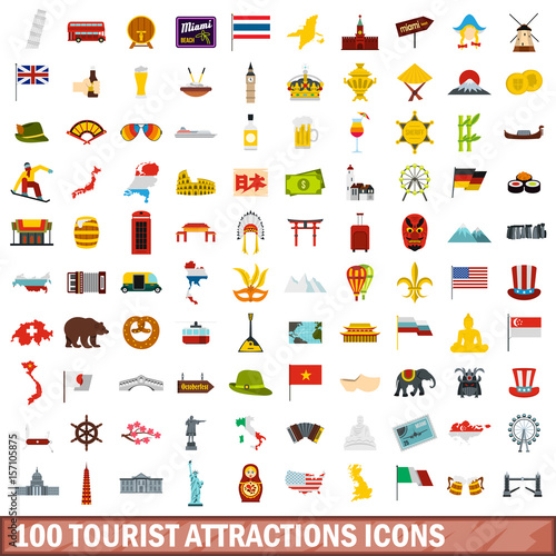 100 tourist attractions icons set, flat style