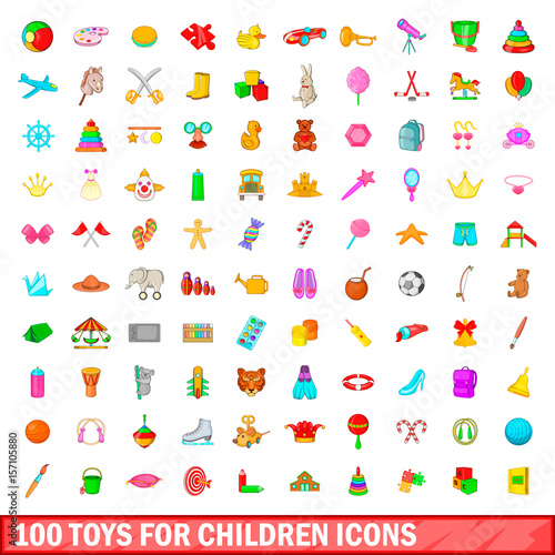 100 toys for children icons set, cartoon style
