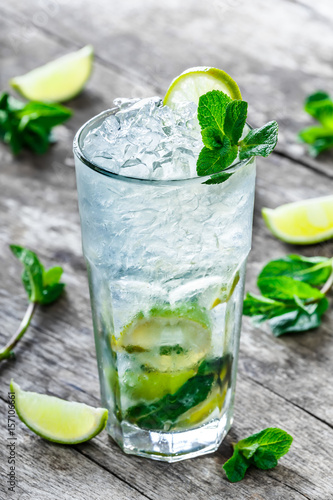 Fresh lemonade mojito with mint, lime and ice in glass on wooden background. Summer drinks and alcoholic cocktails